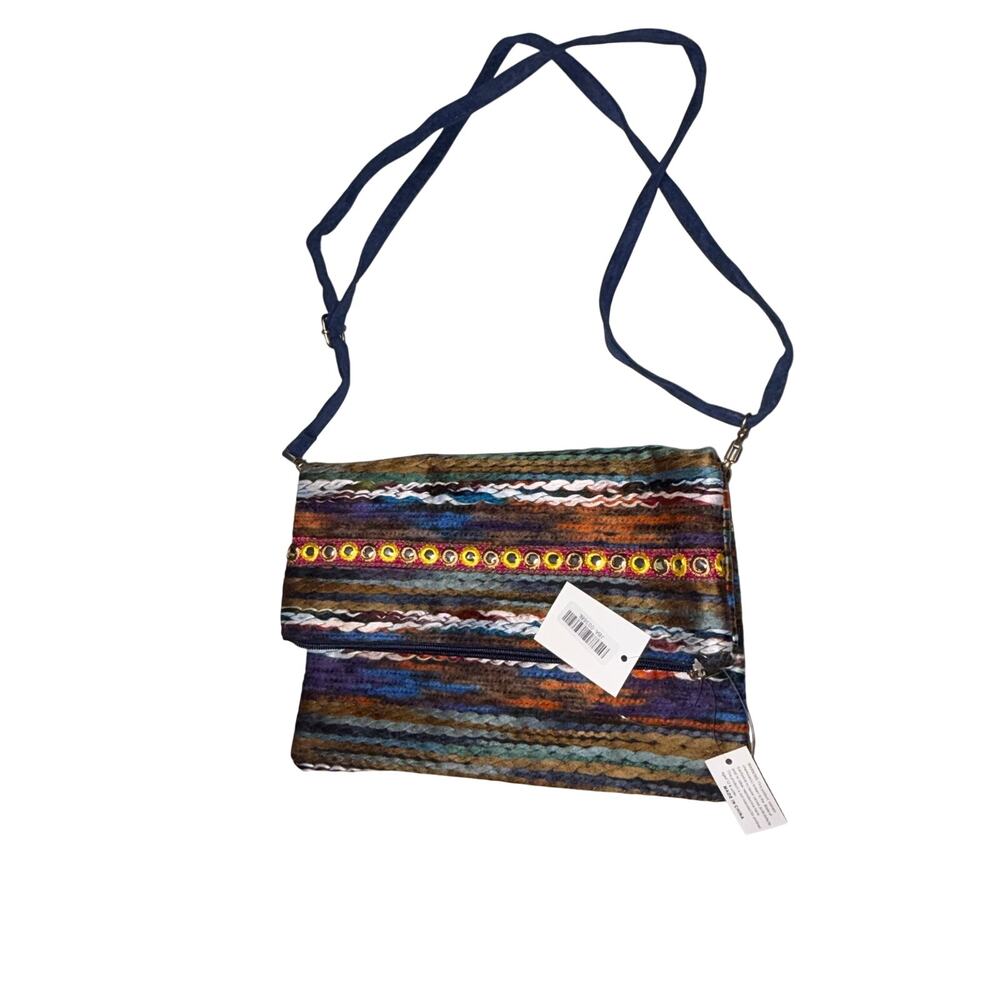 Multi Pattern Boho Texture Crossbody Bag Blue NEW
